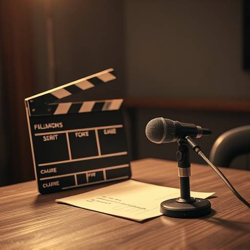 Claquetas de cine, micrófono y guion en una mesa.