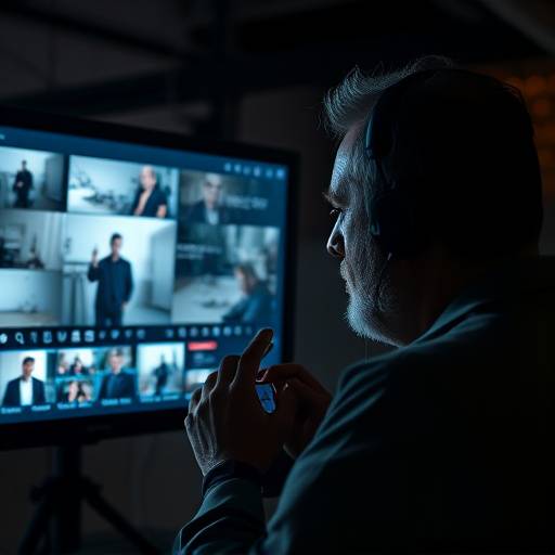 Director de cine revisando el material grabado con un monitor de alta definición.