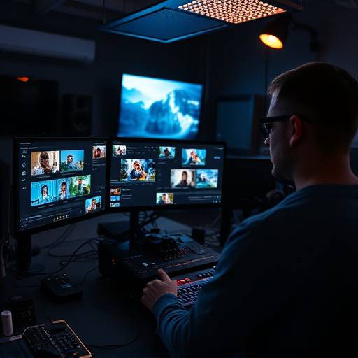 Editor de video trabajando en una estación de edición con mültiples monitores.