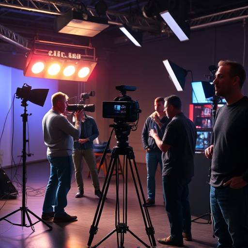 Equipo de filmación trabajando en un set con luces y cámara profesional.