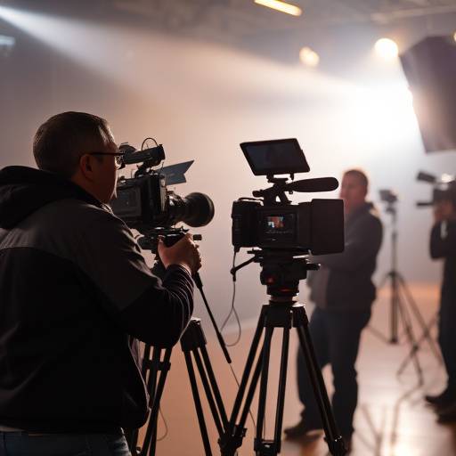 Equipo de filmación trabajando en un set, iluminando la escena con luces profesionales.