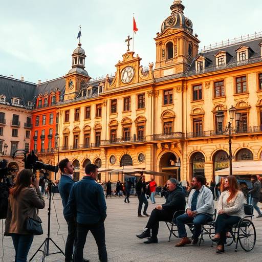 Escena de un documental sobre la historia de la Plaza Mayor de Madrid, con imágenes históricas y entrevistas.