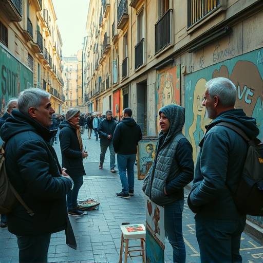 Escena de un documental sobre la vida de los artistas callejeros en Madrid, mostrando su trabajo y entrevistas.
