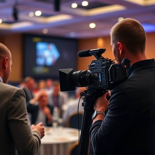 Imagen de la cobertura de un evento corporativo, con un equipo de Élite Films grabando una conferencia.