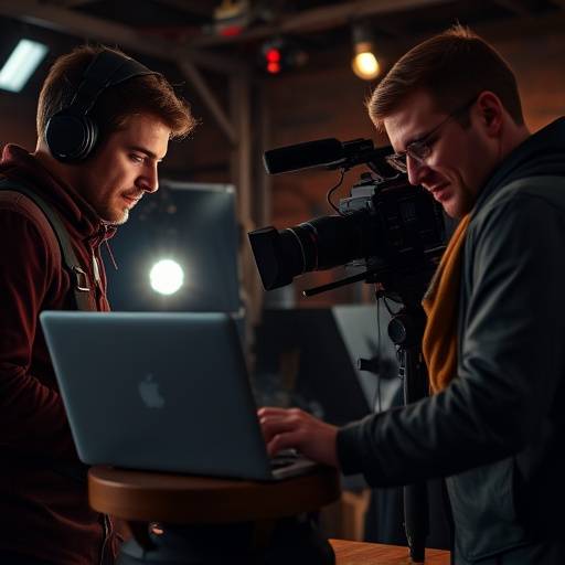 Tres miembros del equipo de Élite Films revisando el material de rodaje en una computadora portátil.
